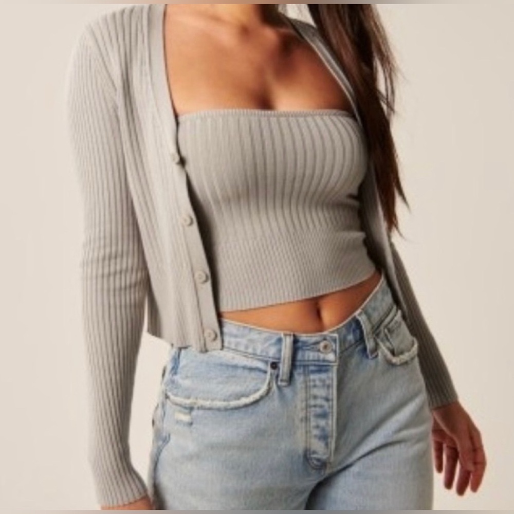 *Blue* Ribbed Cardigan and Tube Top Set